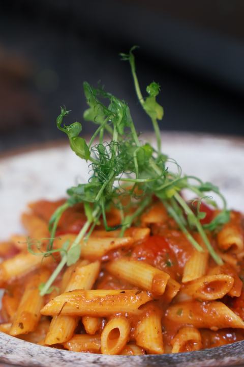 Penne with pea shoots
